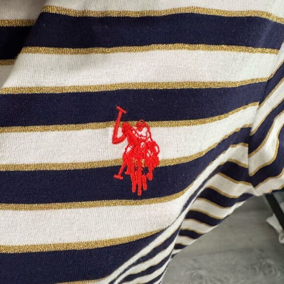 US Polo Women Striped Polo Tee Shirt Blue White Large Stretch Short sleeve - Picture 5 of 6